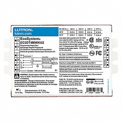 LUTRON MFG# EC3DT4MWKU2, CFL Ballast Electronic Dimmable 32W